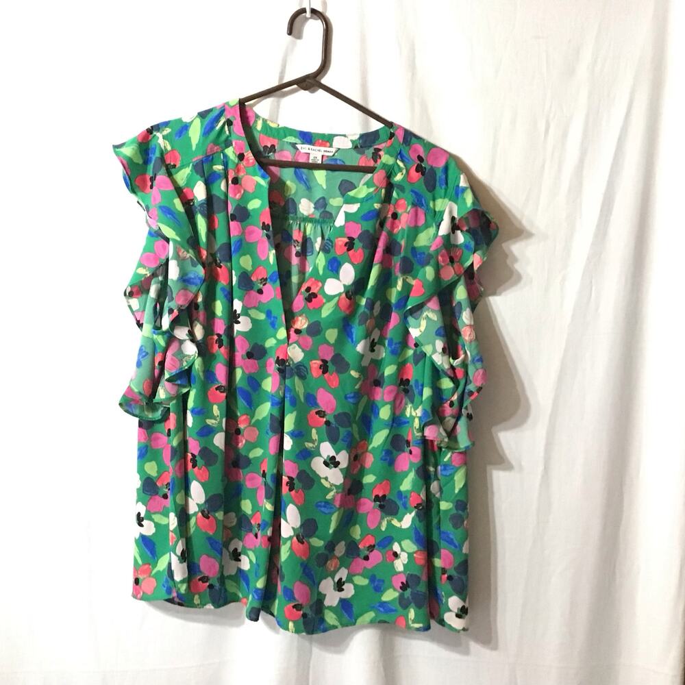 Zac & Rachel Woman Birght Floral V-Neck Flutter Sleeve Blouse 2X